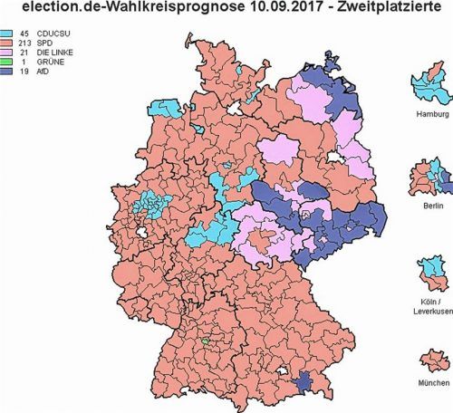 Die Grafik zeigt jeweils die aktuell zweitplatzierten Parteien in jedem Wahlkreis, wenn es um die Erststimme für die bevorstehende Bundestagswahl geht. Auffällig: Der Landkreis Rosenheim ist als einziger Wahlkreis der alten Bundesländer lila eingefärbt. Hier liegt also nicht die SPD wie im überwiegenden Rest von Bayern auf Platz zwei, sondern die AfD (Stand 10. September 2017).election.de