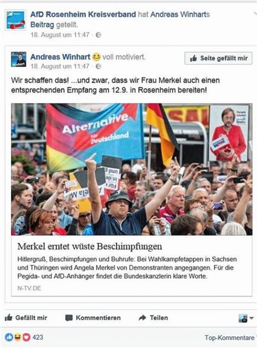 So hat AfD-Bundestagskandidat Andreas Winhart auf Facebook kommentiert, wie er sich den Empfang für Angela Merkel in Rosenheim vorstellt.