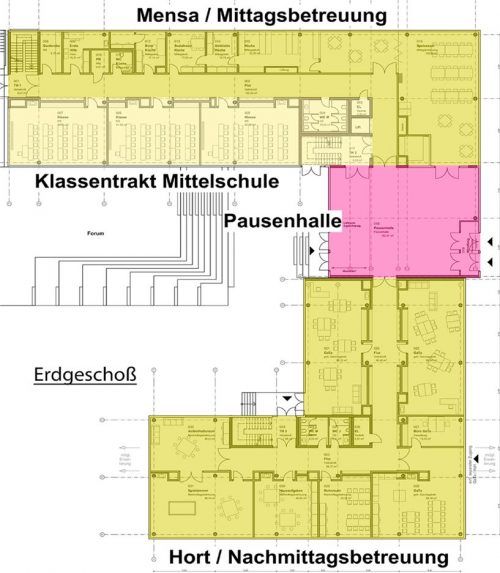 Der Neubau der Grund- und Mittelschule Rott wird in zwei Bauabschnitten realisiert. Zuerst wird der nördliche Teil (oben) fertiggestellt, dann der südliche. Kirchgraber