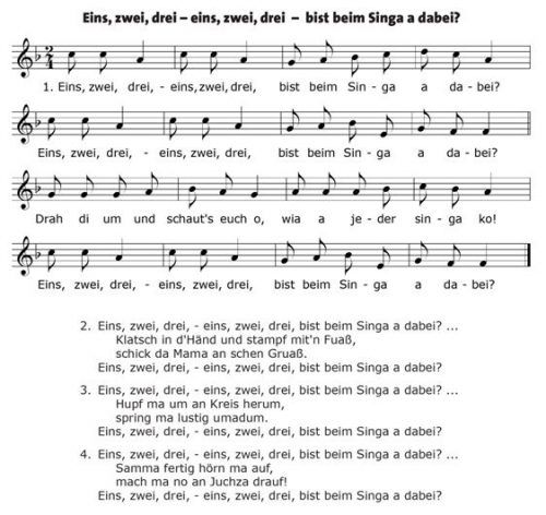 Spontanes Stegreiflied mit verbreiteten Motiven in Text und Melodie für das Singen mit Kindern.