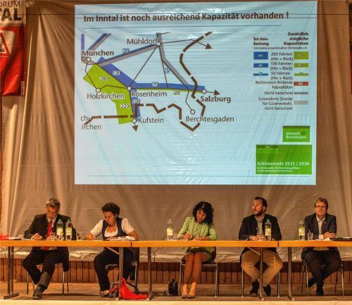Um Lkw-Verkehr auf die Schiene zu bringen, genügen nach Ansicht der Bürgerinitiativen gegen den Brenner-Nordzulauf die Bestandsstrecken. Unter den teilnehmenden Politikern – (von links) Otto Lederer (CSU), Alexandra Burgmaier (SPD), Christine Degenhart (Freie Wähler), Martin Knobel (Bündnis 90/Grüne) und Michael Linnerer (FDP) – herrschte Einigkeit, dass dieser Punkt auf jeden Fall eindeutig geklärt werden müsse, bevor mit dem Bau neuer Trassen begonnen werde. Foto Thomae