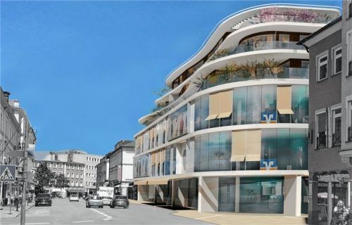Moderner Bau an der Bahnhofstraße: Die Animation zeigt das geplante Projekt der VR- Bank. Ende 2022 soll das Haus bezugsfertig sein. Foto montage: Schleburg Generalplanung