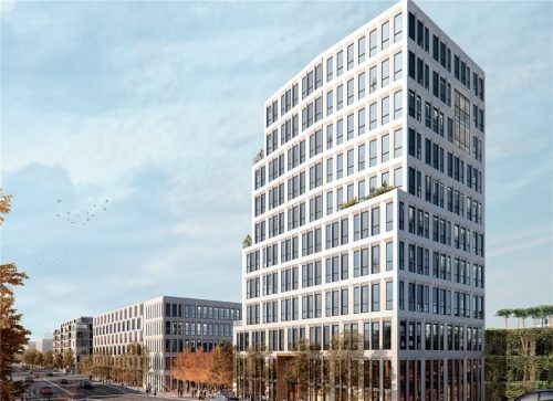 Markanter Fixpunkt: Ein elfgeschossiger Turm mit einer Höhe von 40,5 Metern soll die Bebauung zum Rosenheimer Brückenberg hin abschließen. Zur Münchener Straße ausgerichtet, werden in dem Turm Büros und Dienstleistungsräume Platz finden.Foto Projektentwurf von Sontowski & Partner Group / ATP Architekten Ingenieure