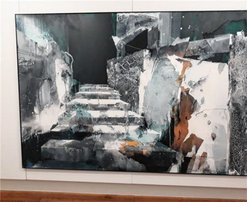 Mischtechnik auf Leinwand: Thomas Kleemann nennt sein Werk „Von hier aus“ (2017).Foto Hesse