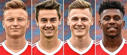 Vier Neuzugänge für den Fußball-Regionalligisten TSV 1860 Rosenheim (von links): Niclas Anspach (19), Christoph Ehlich (20), Alexander Kaltner (20) und Stephan Mensah (19) wurden von der SpVgg Unterhaching an Kooperationspartner ausgeliehen. Fotos  SpVgg Unterhaching